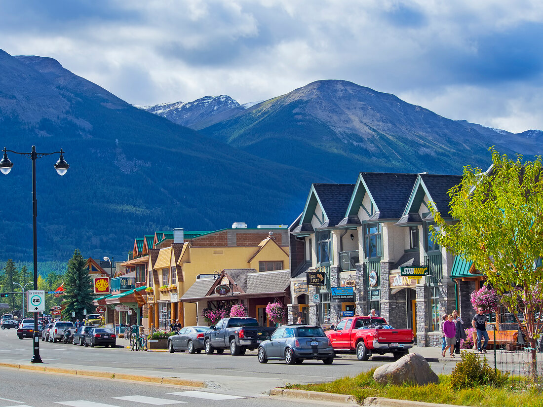 View of busy street in Jasper National Park, Alberta, Canada