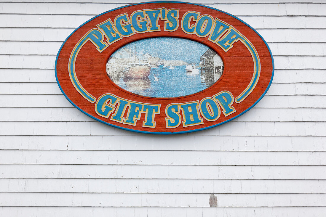 Close-up of shield of Peggy's Cove gift shop in Fishing Village, Nova Scotia, Canada