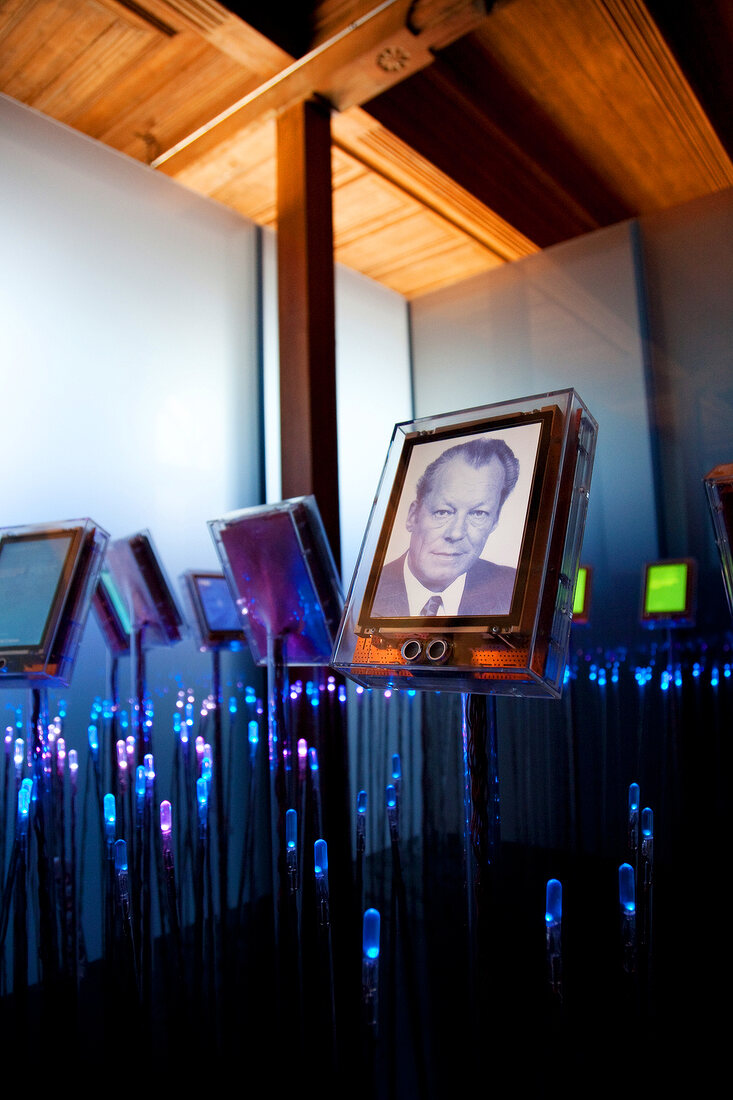 Willy Brandt photo frame with lights in gallery at Nobel Fredssenter, Oslo, Norway