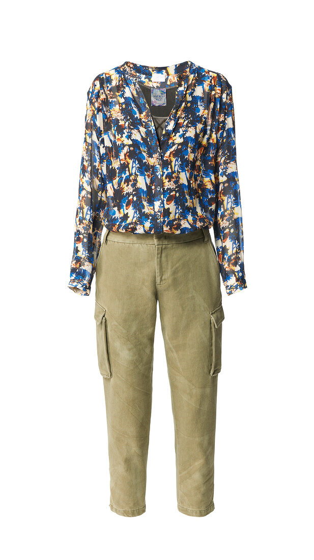 Patterned blouse with cargo pants on white background