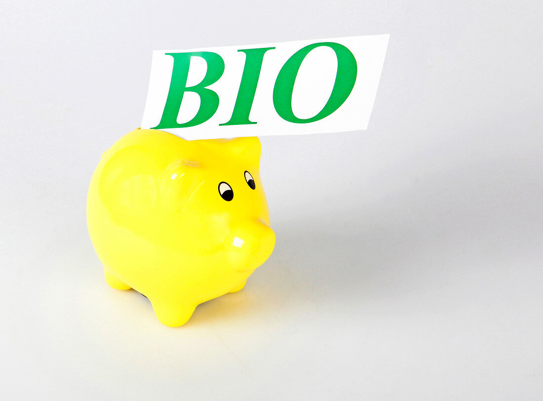 Close-up of yellow piggy bank with BIO sign