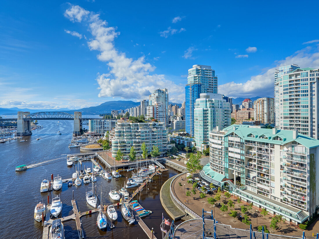 View of False Creek through West End Port in Vancouver, British Columbia, Canada