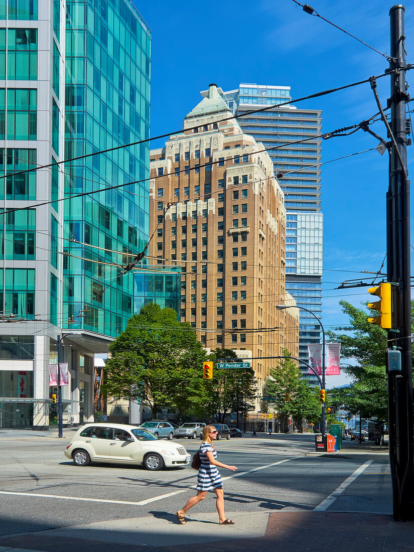 View of Burrard street and Pender street in Vancouver, British Columbia, Canada