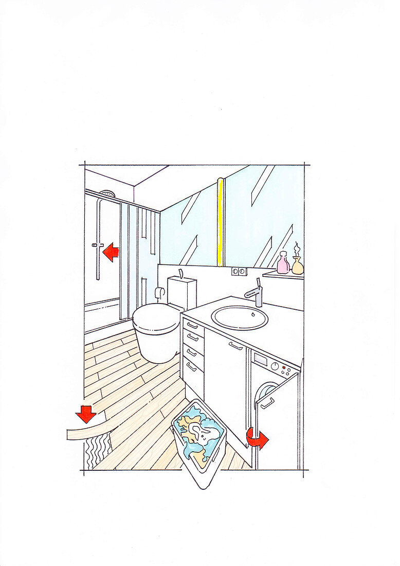 Illustration of bathroom with bathtub, flooring and closet