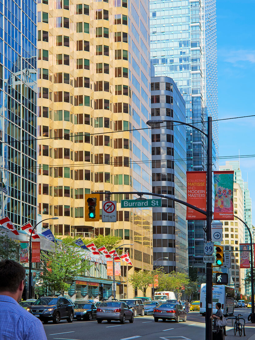 View of busy Burrard street in Vancouver, British Columbia, Canada