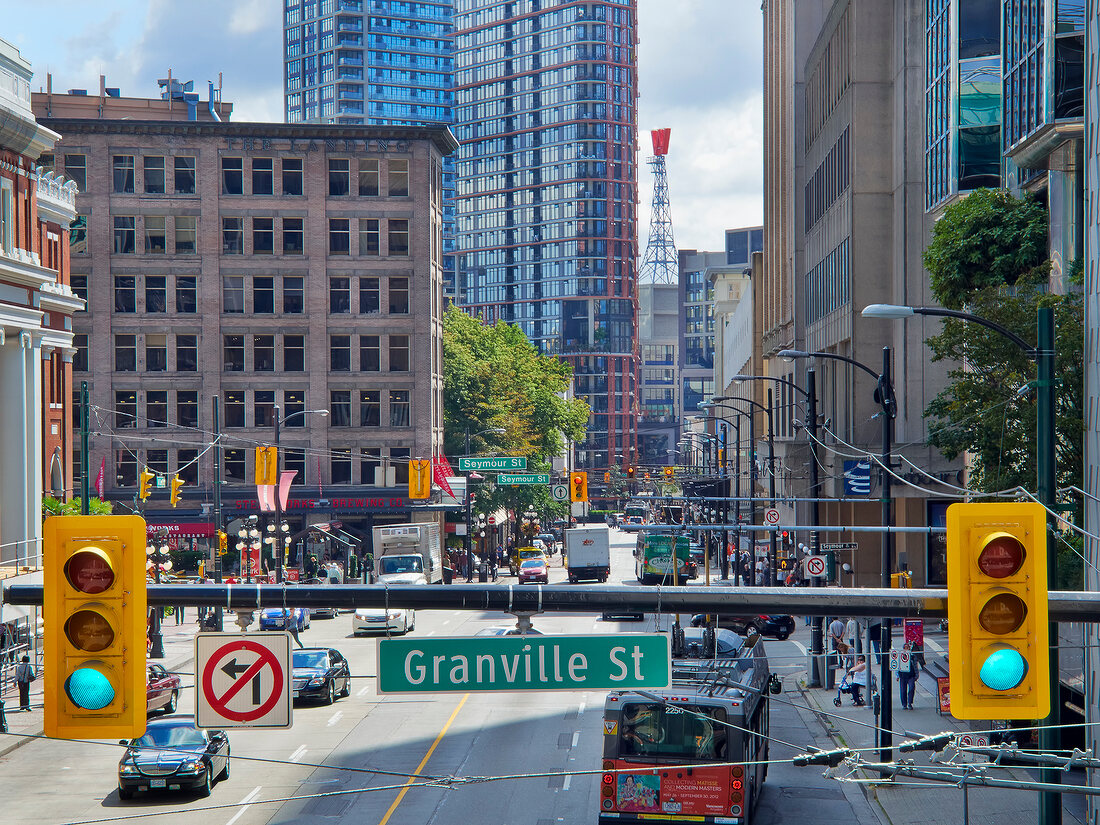 View of Granville street corner in Vancouver, British Columbia, Canada