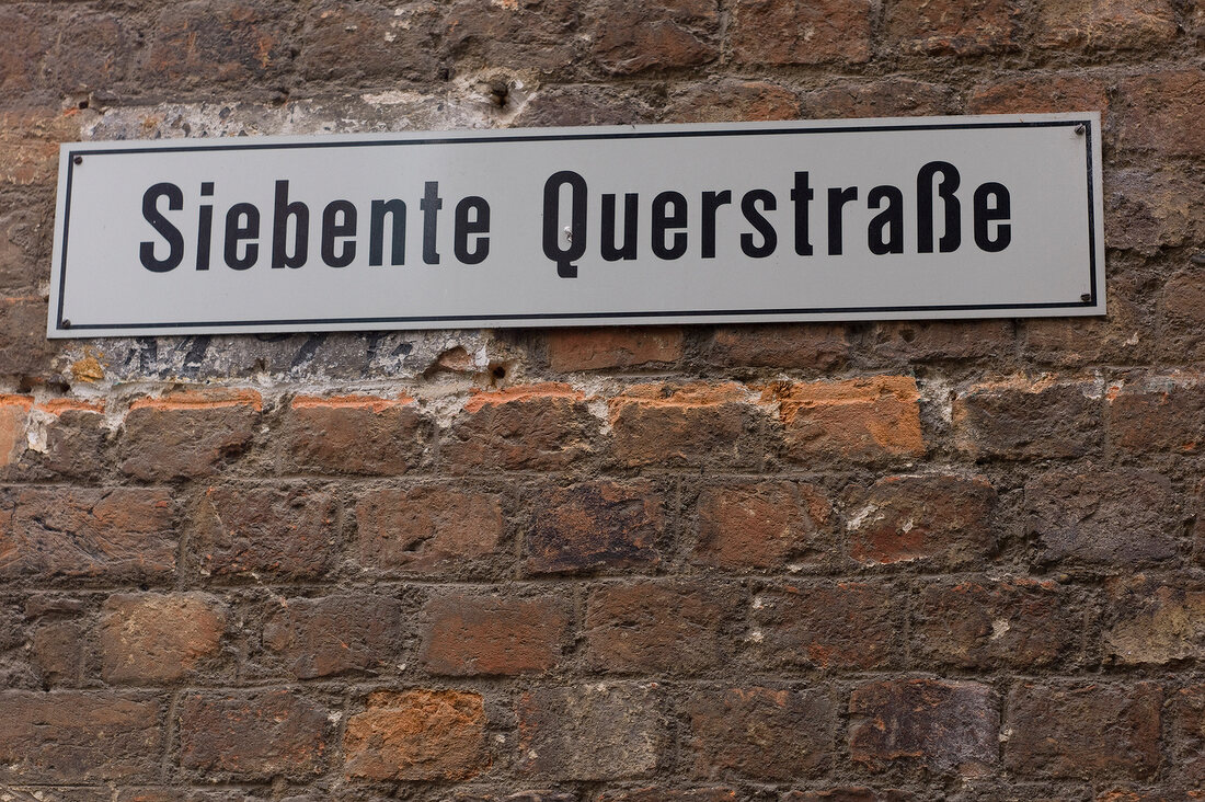 Close-up of signboard of Seventh Cross Street, Lubeck, Schleswig Holstein, Germany