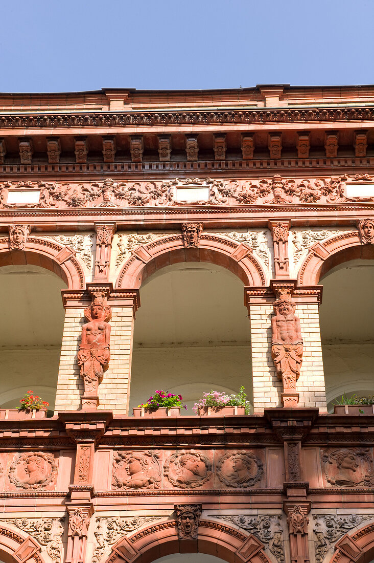 View of acrade balconies with street pattern, Lubeck, Schleswig Holstein, Germany