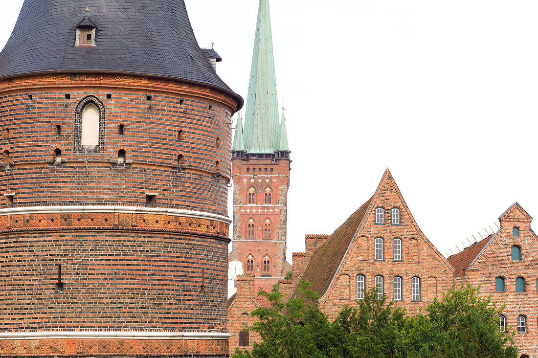 Lubeck's Holsten and St. Mary Church in background at Lubeck, Schleswig Holstein, Germany