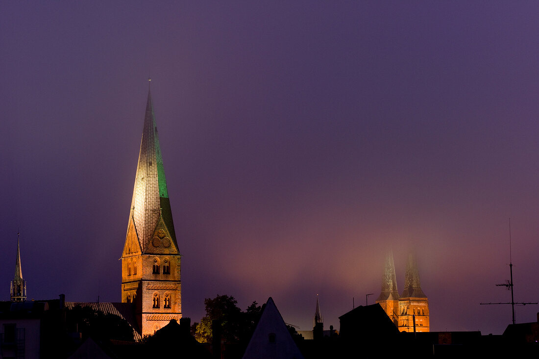 Top of tower St. Aegidien Church in fog, Lubeck, Schleswig Holstein, Germany