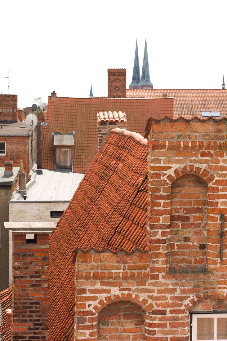 View of Lubeck Cathedral from the town library, Lubeck, Schleswig Holstein, Germany