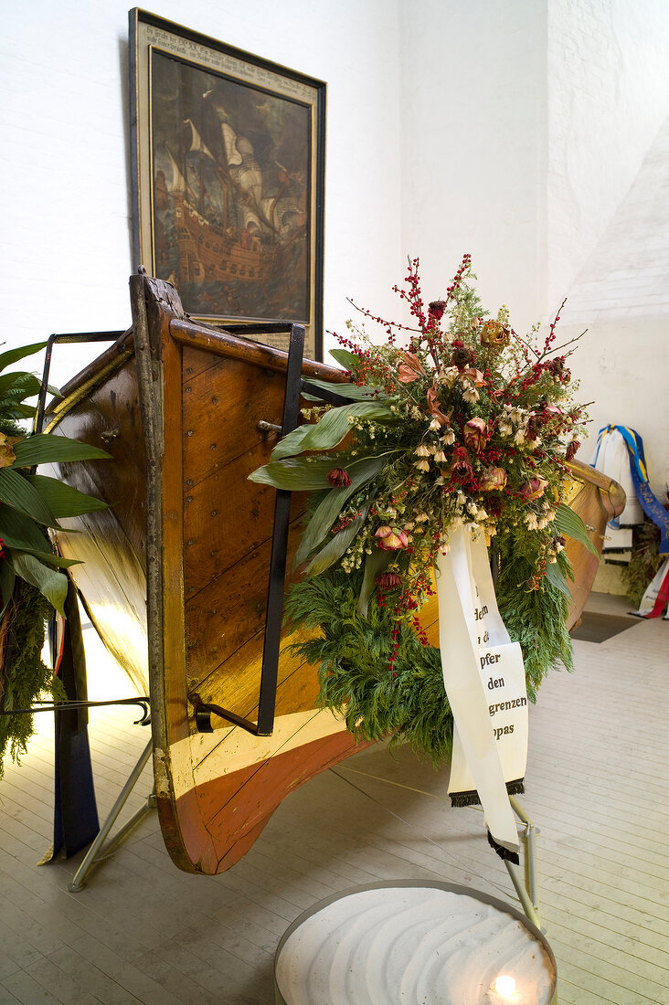 Pamir lifeboat at Jacobi church, Lubeck, Schleswig Holstein, Germany