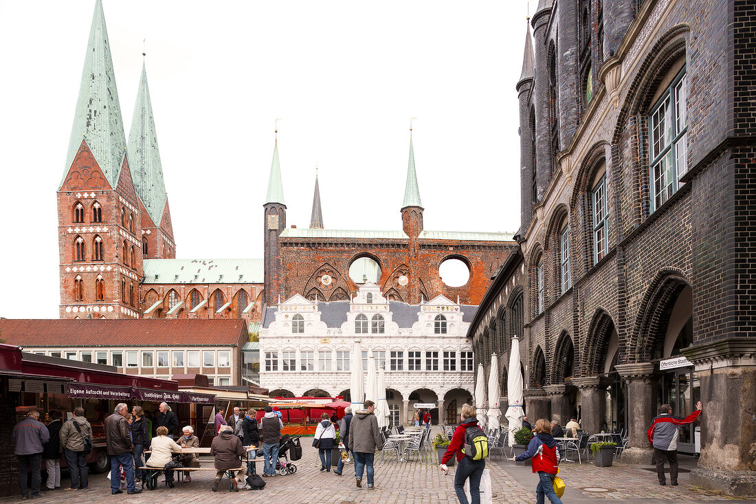 Market in front of town hall St. Mary's Church, Lubeck, Schleswig Holstein, Germany