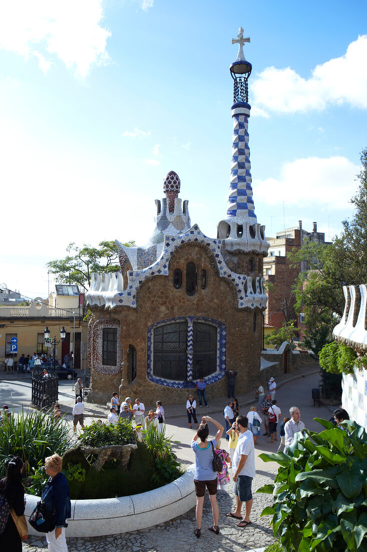 View of people at entrance of Park Guell Garden in Barcelona, Spain