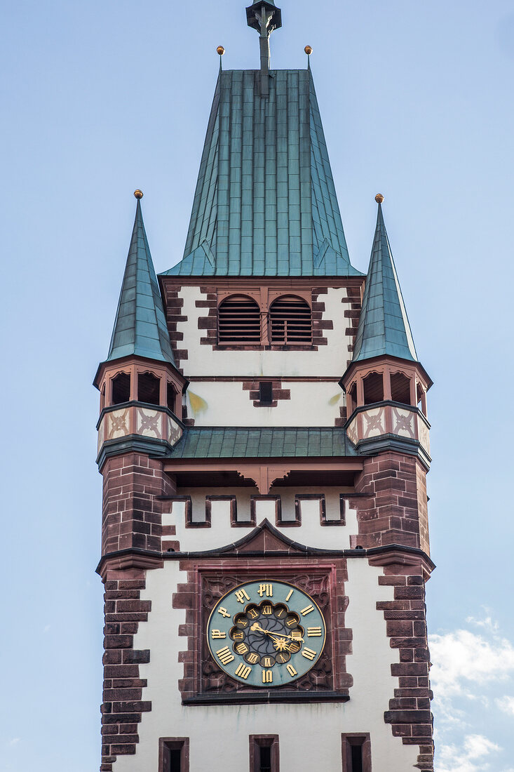 View of buildings and St. Martin's Gate of Freiburg, Germany