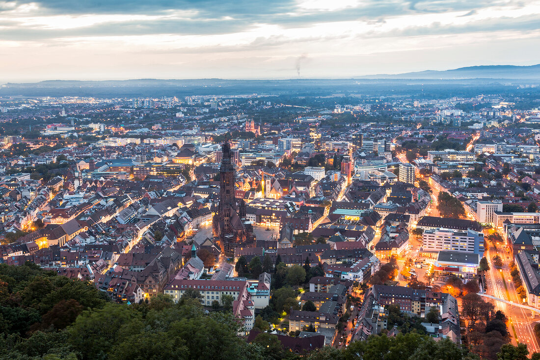 View of Freiburg im Breisgau cityscape from the Schlossberg, Baden-Wurttemberg, Germany