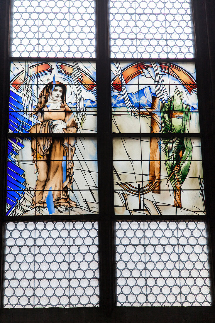 Close-up of window with St. Edith Stein, Munster, Freiburg, Germany