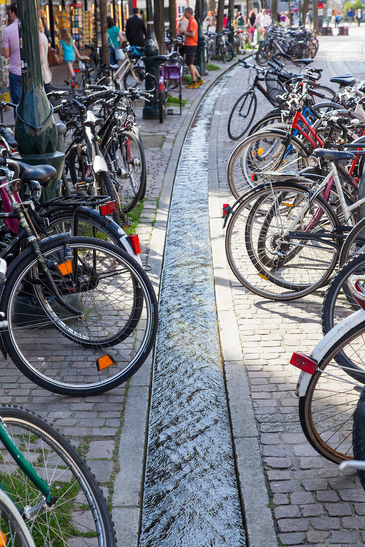 Freiburg, Fahrradstadt, Fahrräder st ehen am "Bächle"