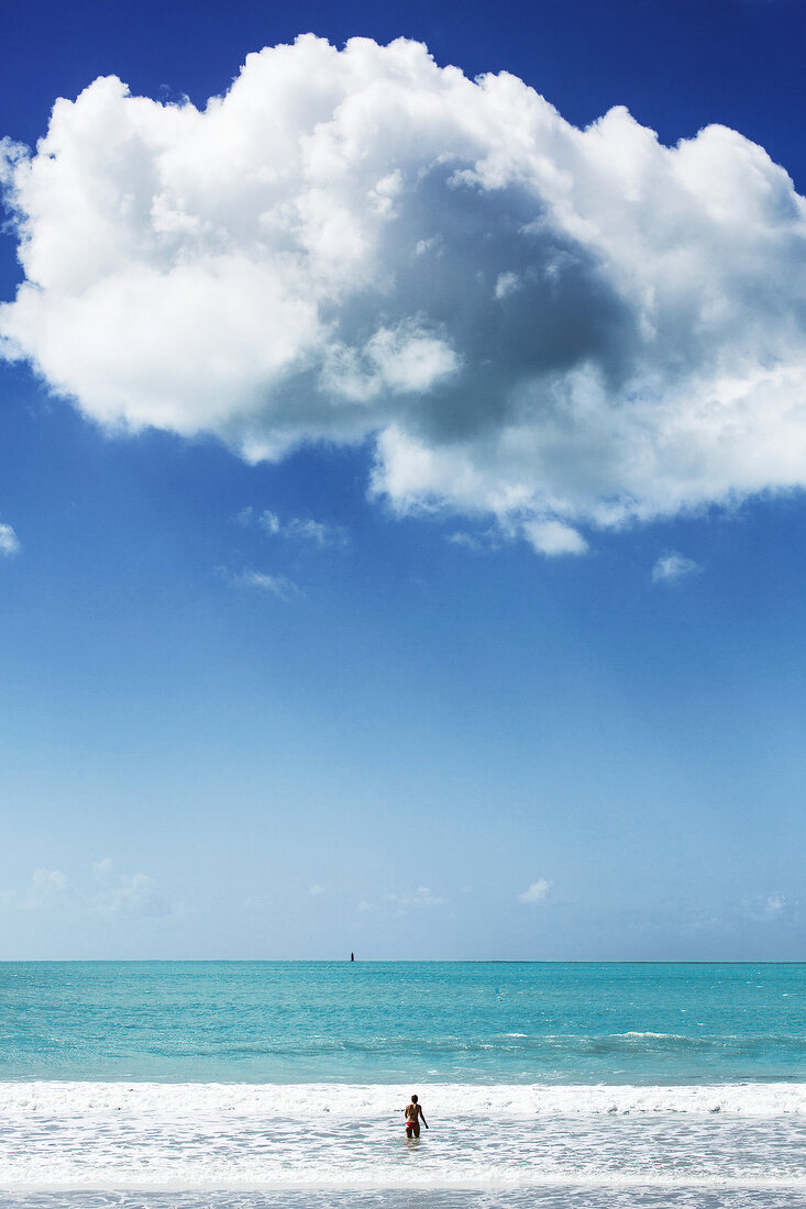 View of Atlantic coast with blue sky and clouds, Ile de Re, France