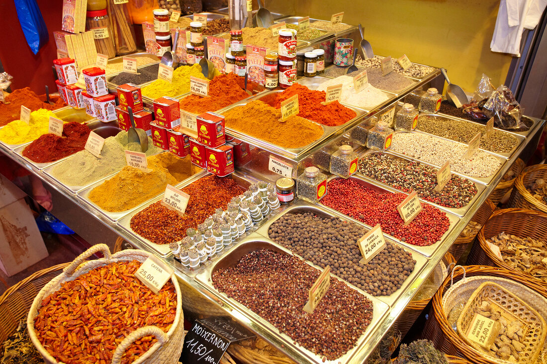 People shopping food form market stalls in Barcelona, Spain