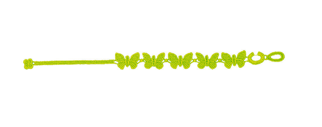 Close-up of green friendship bracelet with small butterflies on white background