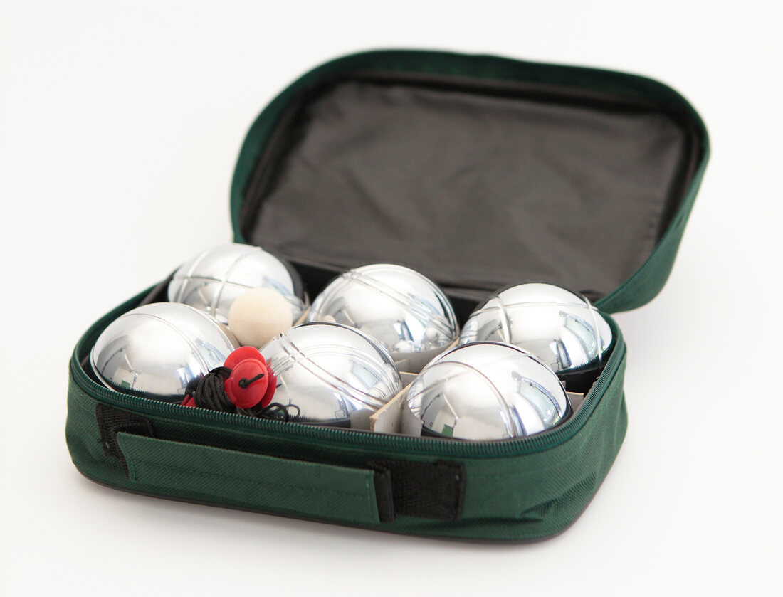 Petanque set of six balls with case on white background