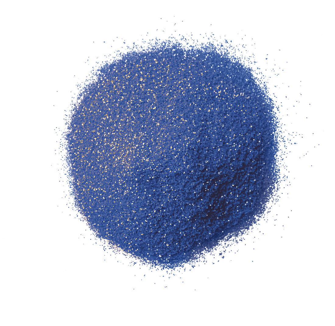  Close up blue glitter eye shadow on white background 