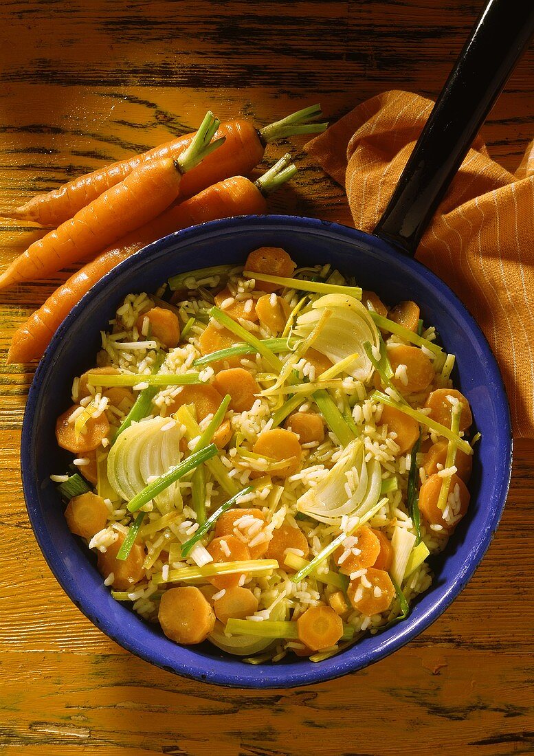 Rice and Vegetable Stir Fry in a Frying Pan