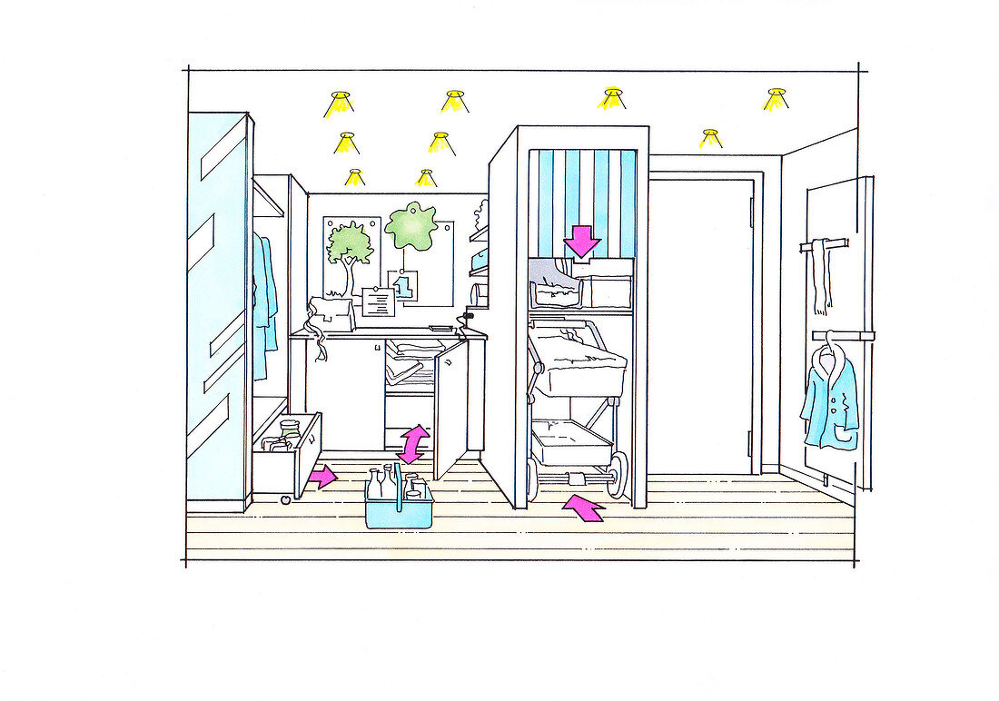 Illustration of living room with hanging rack and wardrobe with drawers and coat hangers