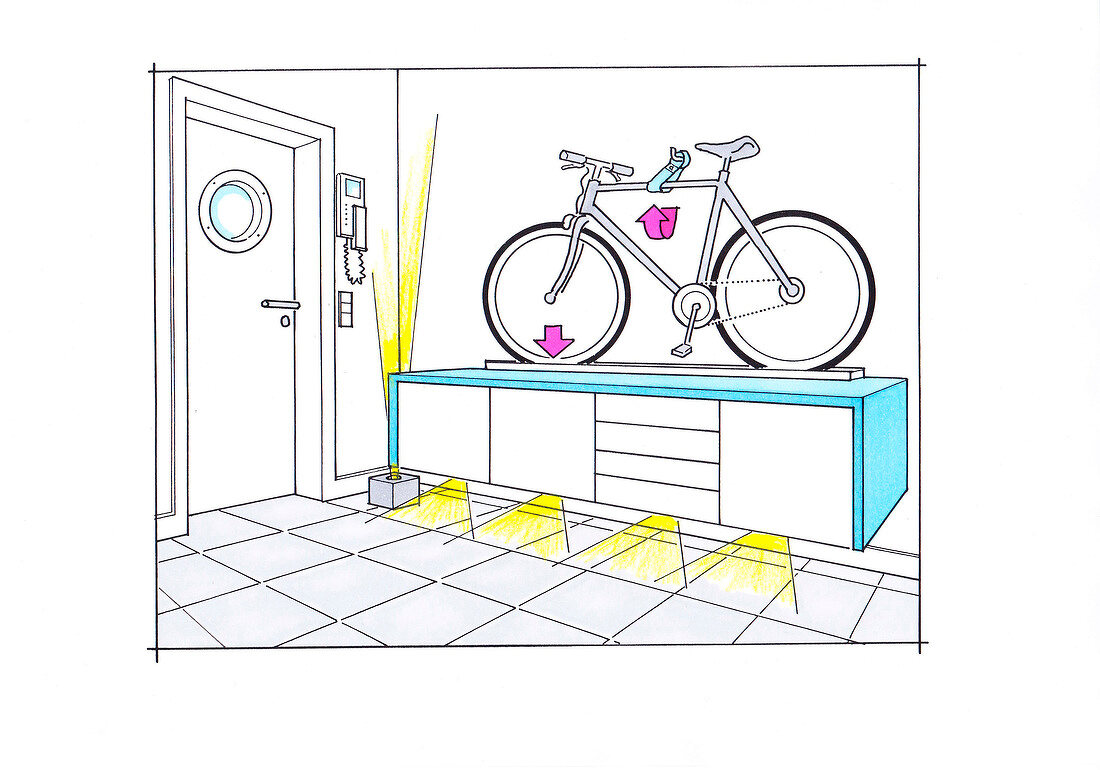 Illustration hallway with bicycle on sideboard