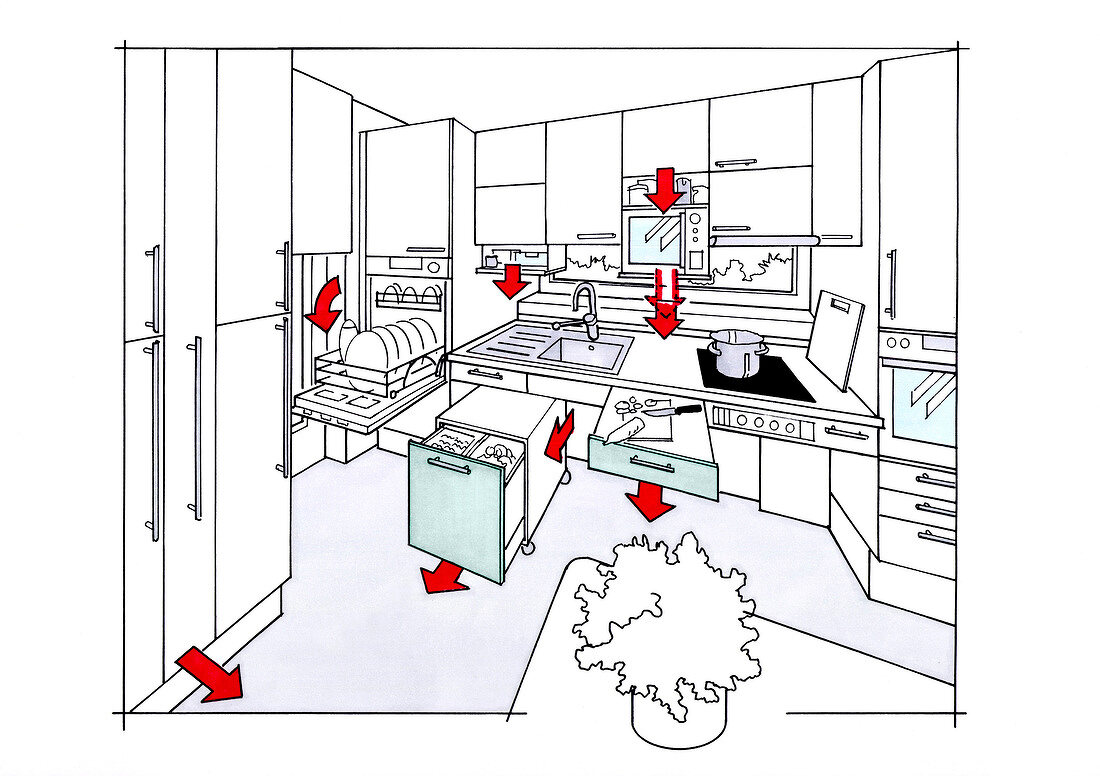 Illustration of kitchen with plate trolley, kitchen cabinet, cupboard and oven