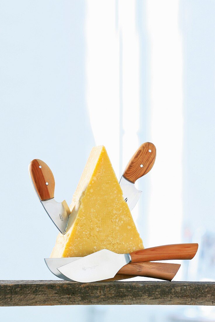 A piece of cheese with cheese knives