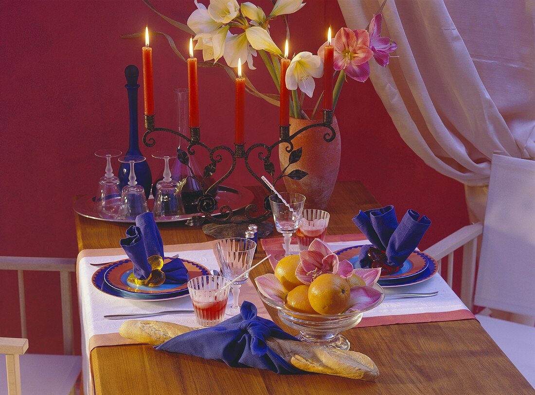 Colorful Table Setting for Two with Candles