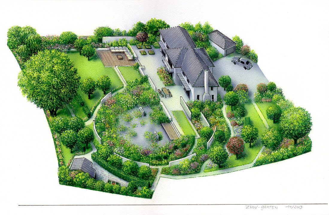 Illustration of garden plan, elevated view