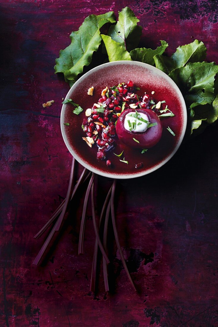 Beetroot with sour cream jelly and pomegranate seeds