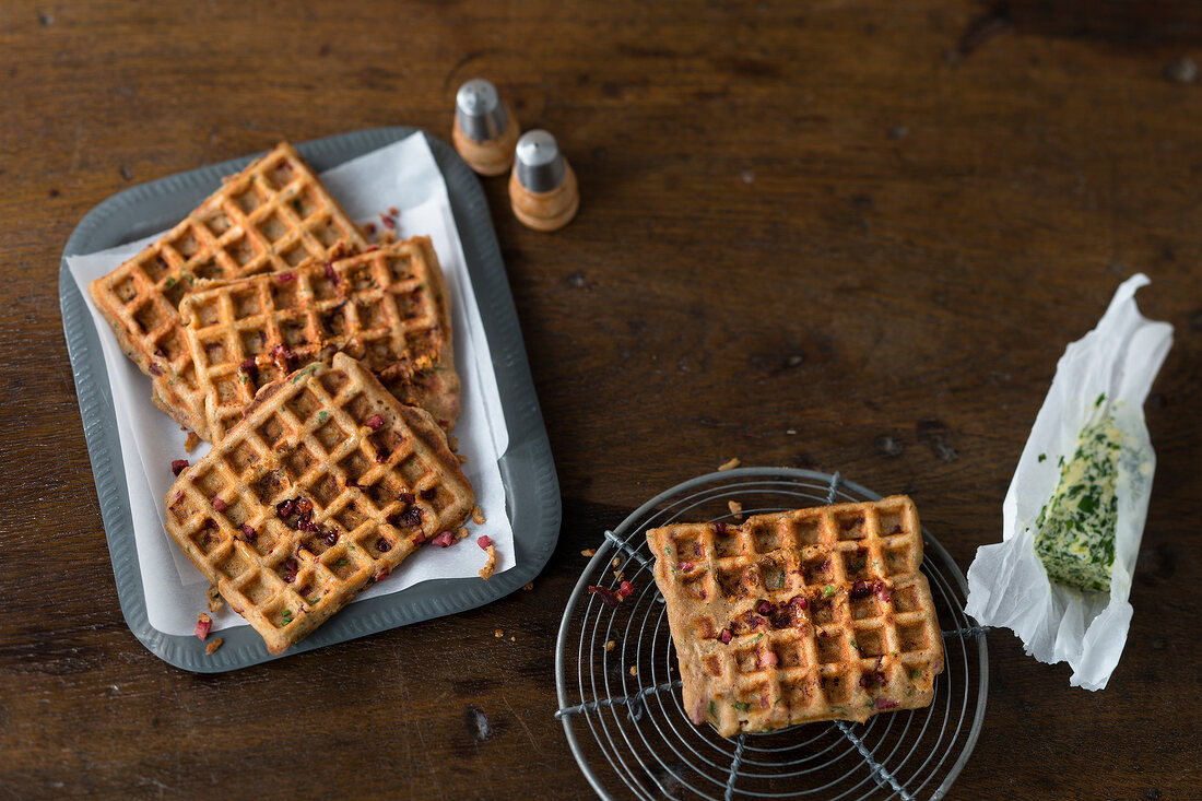 Bacon waffles with herb and butter