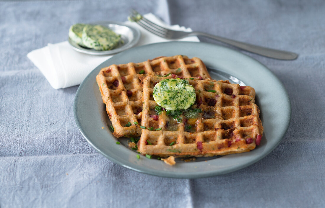Bacon waffles with herb and butter