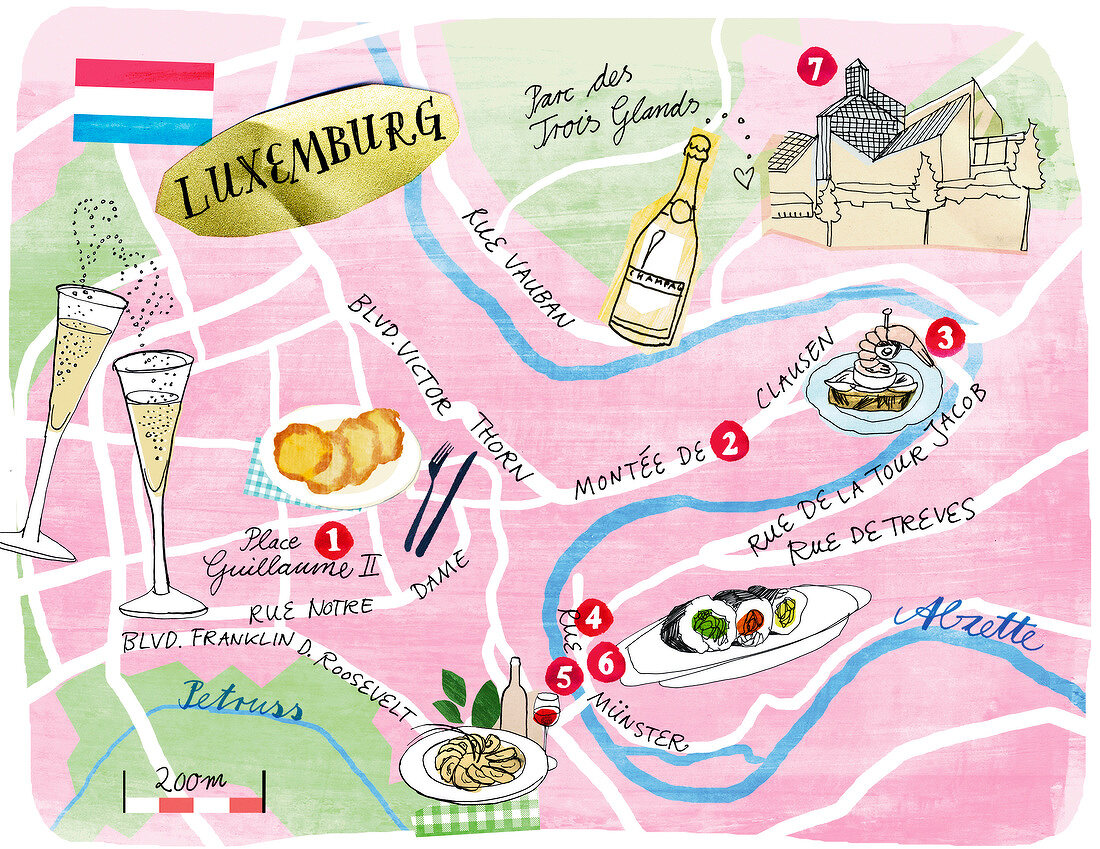 Illustration of Luxembourg map with bars and restaurants