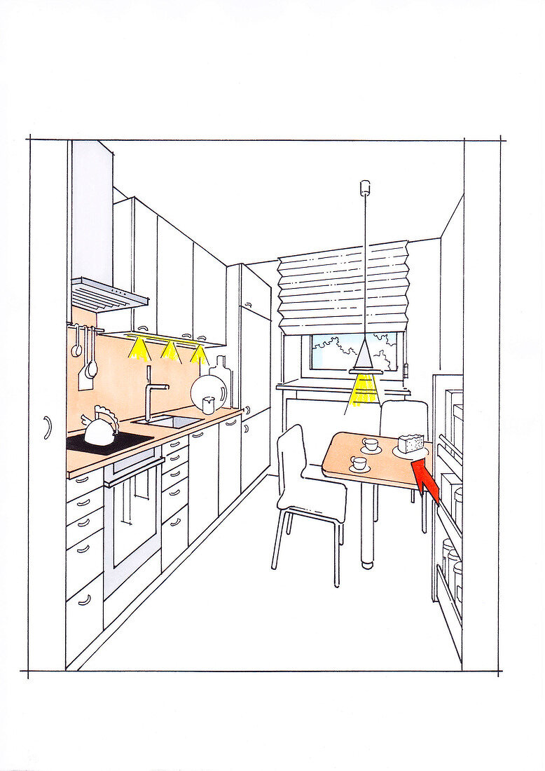 Illustration of kitchen with furnished cabinets, dining table and recessed lights