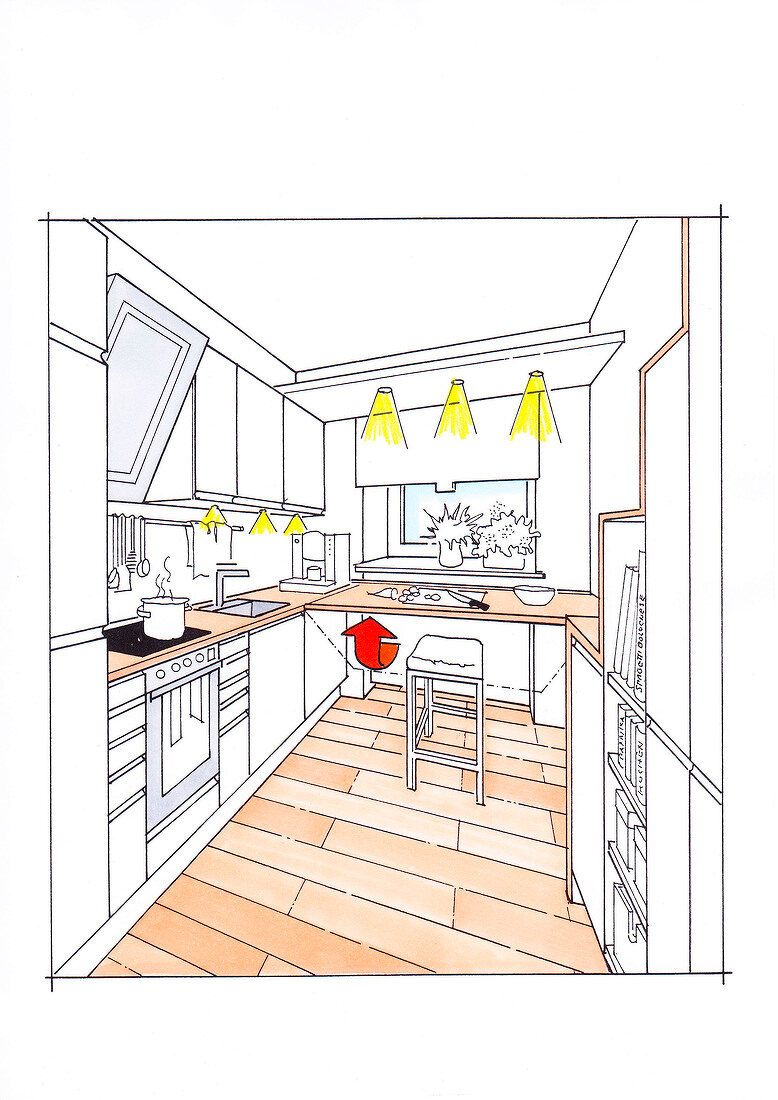 Illustration of kitchen with furnished cabinets and recessed lights