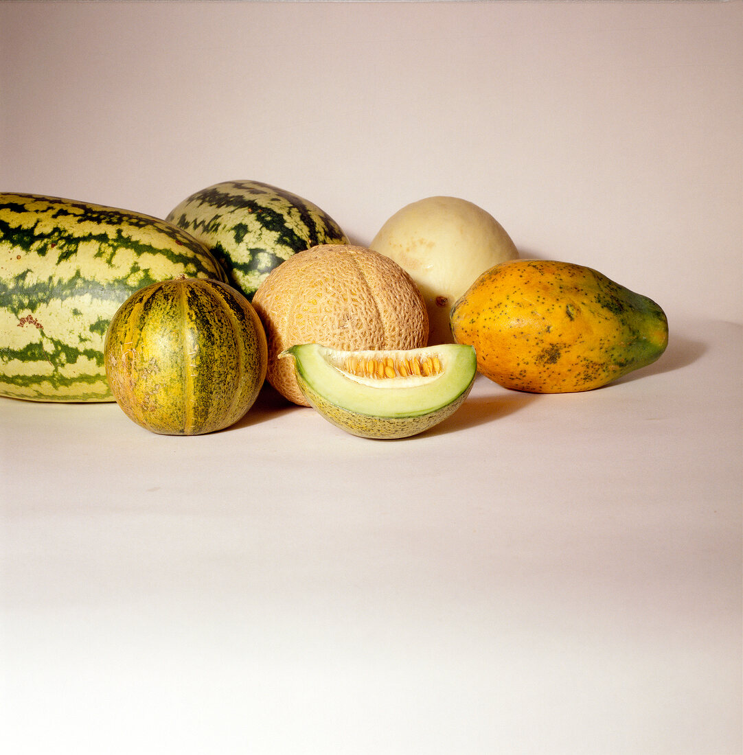 Watermelon, papaya, muskmelon, honeydew melon on white background