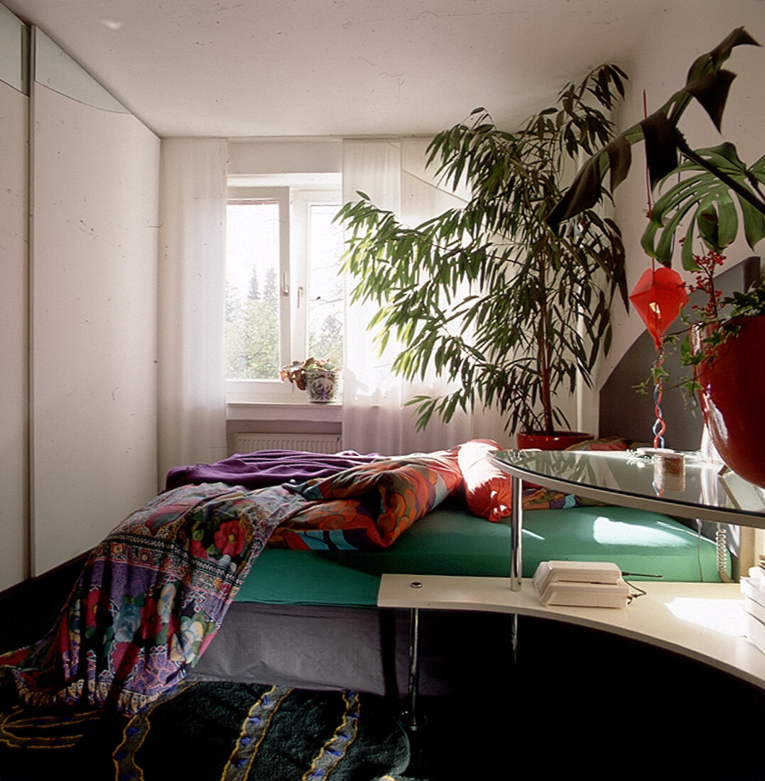 Schlafzimmer mit Pflanzen, Blick auf das ungemachte Bett