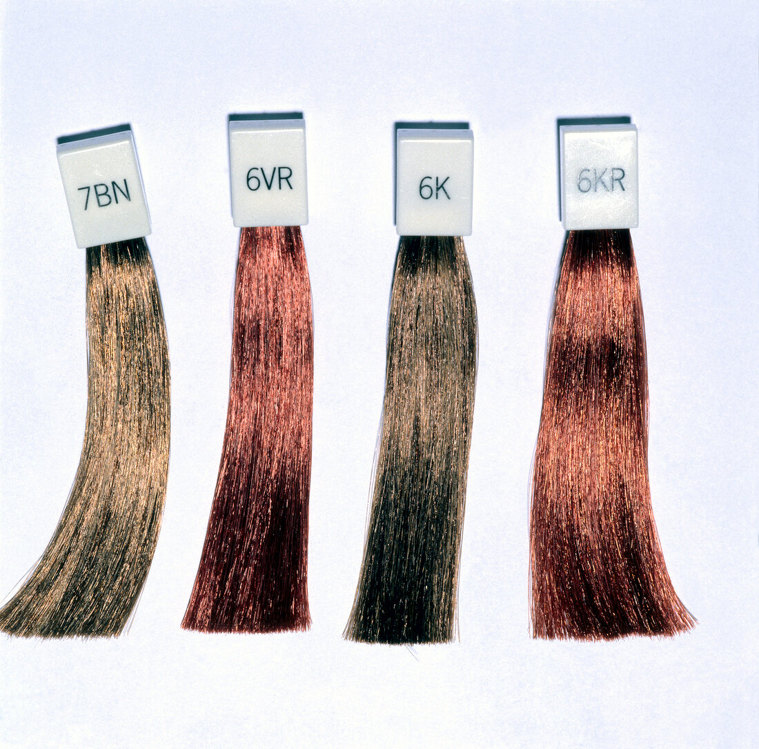 Sample of different colour of hair strand on white background