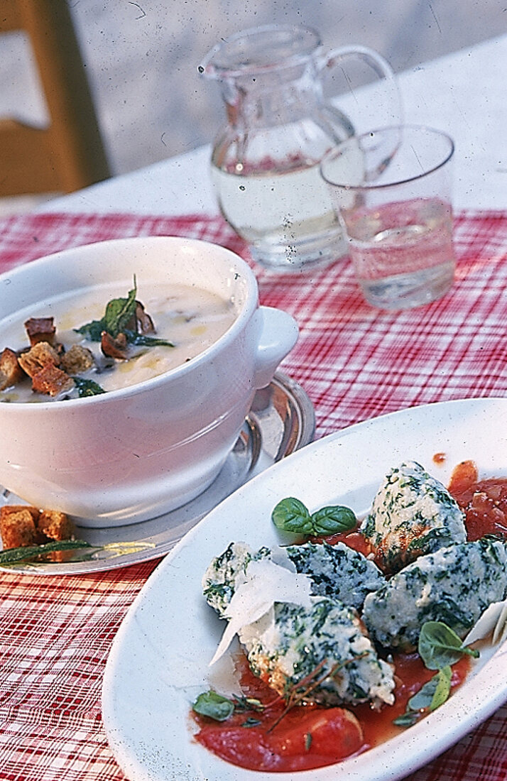 Bohnen-Pilz-Suppe und Spinat-Ricotta -Nocken, kariertes Tischtuch