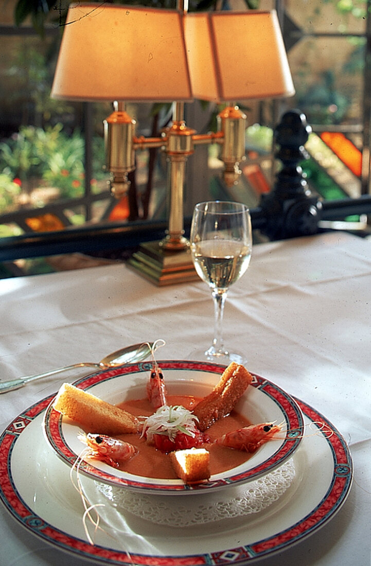 Tapas: Kalte Gemüsesuppe "Gazpacho" verfeinert mit "langostinos"