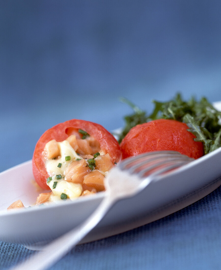 Close-up tomatoes with stuffing of salmon, cheese and herbs on plate