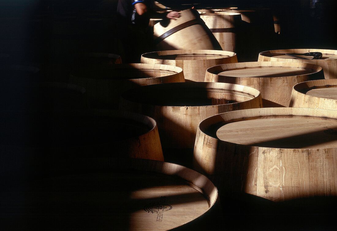 Neue Weinfässer aus Eichenholz stehen in einer Küferei