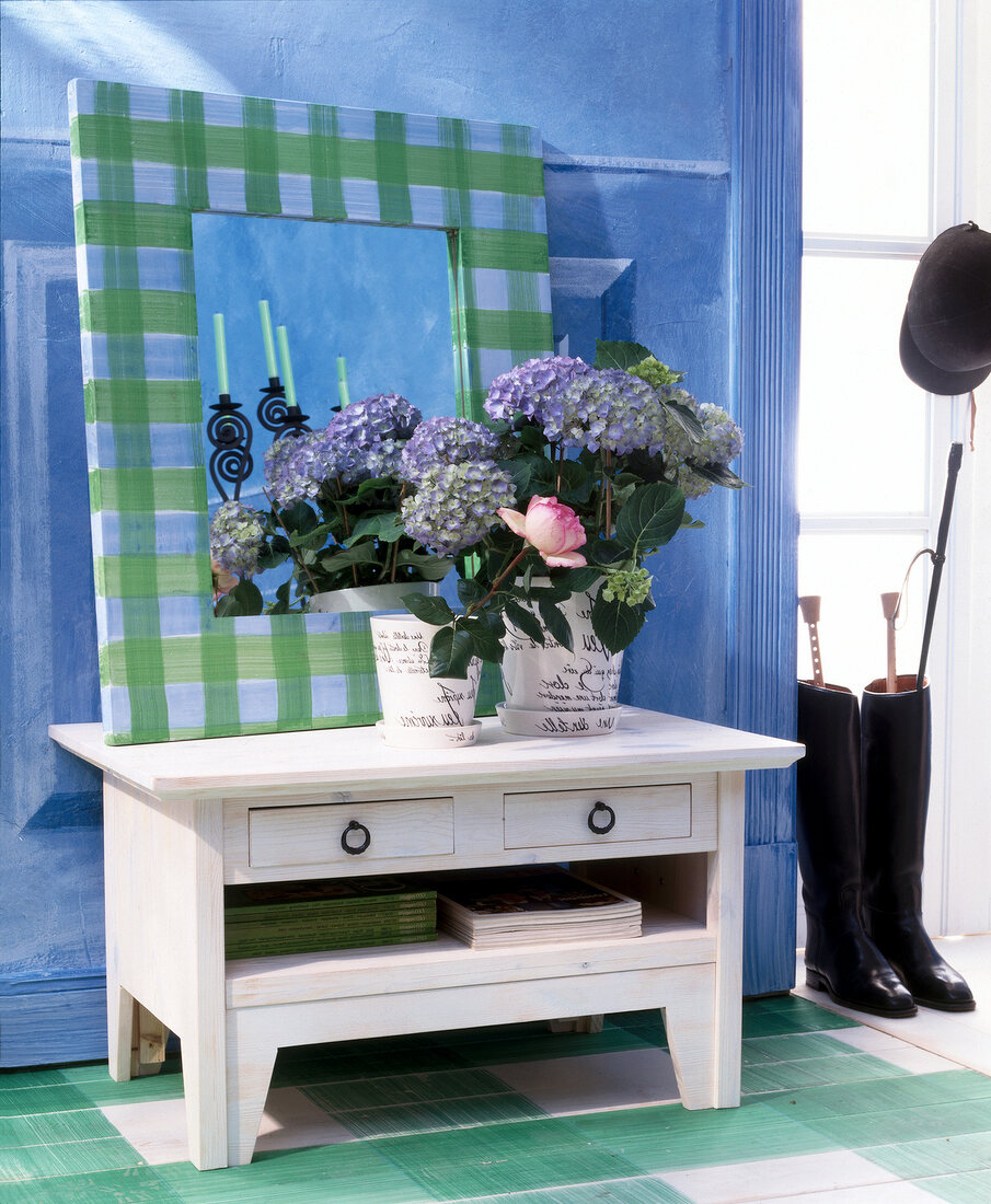 Flower pots on white dresser with green and white checked mirror frame
