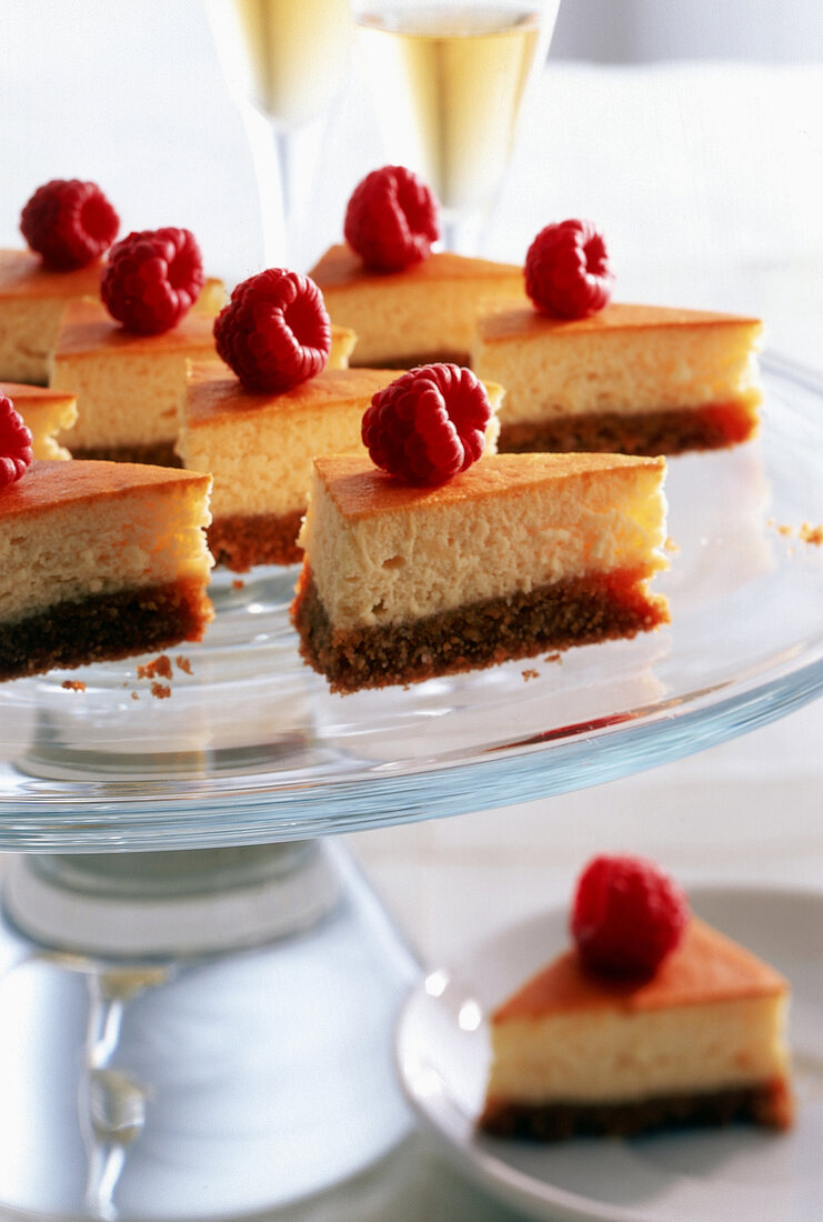 Cheesecake-Häppchen mit Knusperboden und frischen Himbeeren