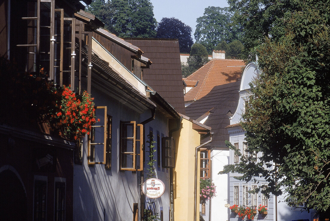 Gasse , Häuser mit blumenbewachsenen geöffneten Fenstern in Krumlow